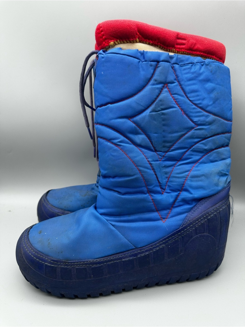Vintage Blue Quilted Snow Moon Boots Red Fleece Lining Korea Size 9-10 W69684